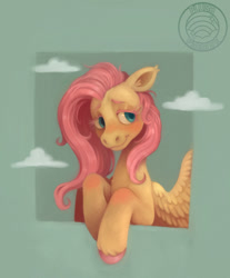 Size: 1005x1211 | Tagged: safe, artist:plushparades, derpibooru import, fluttershy, pegasus, g4, cloud, colored hooves, solo, teal eyes