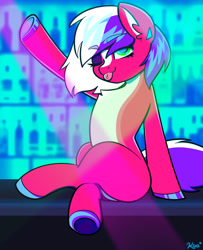 Size: 1500x1848 | Tagged: safe, artist:koa, derpibooru import, oc, oc only, earth pony, pony, bar, crossed legs, ear fluff, ear piercing, earring, ears, eyebrows, eyebrows visible through hair, hoof polish, jewelry, looking at you, one eye closed, piercing, raspberry, smiling, solo, tongue, tongue out, wink