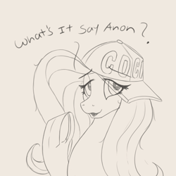 Size: 4000x4000 | Tagged: safe, artist:2fat2fly, derpibooru import, fluttershy, pegasus, pony, absurd resolution, baseball cap, cap, dialogue, female, frog (hoof), hat, hooves, implied anon, looking up, mare, monochrome, open mouth, raised hoof, raised leg, simple background, solo, underhoof