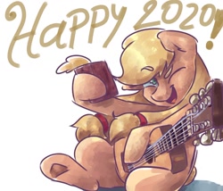 Size: 1146x983 | Tagged: safe, artist:mannybcadavera, derpibooru import, applejack, earth pony, pony, cider, female, guitar, mare, musical instrument, one eye closed, open mouth, simple background, solo, text, white background, wink