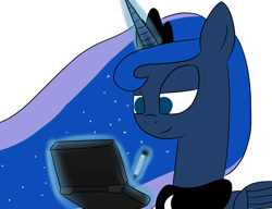 Size: 1019x784 | Tagged: safe, artist:ccortxx, derpibooru import, princess luna, alicorn, pony, 3ds, crown, gamer luna, jewelry, magic, magic aura, playing video games, regalia, simple background, smiling, solo, stylus, telekinesis, white background