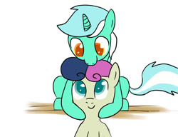 Size: 1019x784 | Tagged: safe, artist:ccortxx, derpibooru import, bon bon, lyra heartstrings, sweetie drops, earth pony, pony, unicorn, 30 minute art challenge, couple, female, hug, lesbian, lyrabon, shipping, sitting