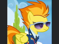 Size: 2160x1620 | Tagged: safe, derpibooru import, screencap, spitfire, pegasus, pony, top bolt, annoyed, clothes, cloud, cropped, female, mare, necktie, solo, suit, sunglasses, uniform, whistle necklace, wonderbolts dress uniform