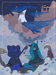 Size: 576x768 | Tagged: artist needed, source needed, safe, derpibooru import, nightmare moon, princess luna, queen chrysalis, alicorn, changeling, changeling queen, pony, boat, clothes, cloud, duo, female, mare, moon