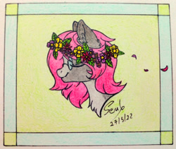 Size: 1280x1081 | Tagged: safe, artist:soulfulmirror, derpibooru import, oc, oc only, oc:soulful mirror, pony, bust, eyes closed, floral head wreath, flower, flower in hair, glasses, ponysona, portrait, solo, traditional art