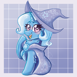 Size: 1000x1000 | Tagged: safe, artist:dankpegasista, derpibooru exclusive, derpibooru import, trixie, pony, unicorn, big eyes, big smile, blue fur, blue mane, blushing, brooch, cape, checkered background, chest fluff, chibi, clothes, cmyk, curly hair, cute, diatrixes, eyelashes, female, full body, gem, happy, hat, heart, heart eyes, highlights, jewelry, krita, lineart, looking at you, no ears, passepartout, purple background, raised hoof, raised leg, shading, signature, simple background, smiling, smiling at you, smol, solo, stars, trixie's cape, trixie's hat, wingding eyes