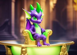 Size: 720x512 | Tagged: safe, derpibooru import, generator:stable diffusion, machine learning assisted, machine learning generated, spike, dragon, cute, male, solo, throne