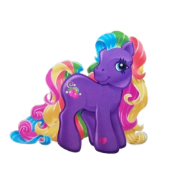 Size: 1200x1200 | Tagged: safe, derpibooru import, earth pony, pony, g3, curly hair, curly mane, long mane, long tail, multicolored hair, official, purple coat, rainbow hair, rainbowberry, simple background, super long hair, super long hair ponies, tail, transparent background