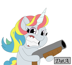 Size: 2893x2631 | Tagged: safe, artist:doaart, derpibooru import, unicorn, gun, multicolored hair, not rainbow dash, rainbow hair, shotgun, weapon