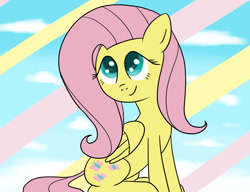 Size: 1019x784 | Tagged: safe, artist:ccortxx, derpibooru import, fluttershy, pegasus, pony, cloud, cute, on a cloud, shyabetes, sitting, sitting on cloud, sky, smiling, solo