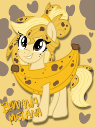 Size: 2768x3690 | Tagged: safe, artist:sjart117, derpibooru import, oc, oc only, oc:watermelana, pony, alternate color palette, alternate hairstyle, april fools, banana, banana costume, banana peel, banana suit, clothes, costume, female, food, food costume, freckles, fruit, heart, mare, silly, silly pony, smiling, solo