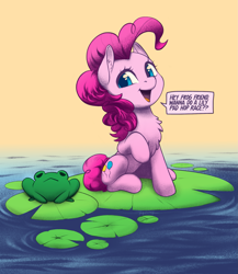 Size: 1967x2262 | Tagged: safe, artist:taytinabelle, color edit, derpibooru exclusive, derpibooru import, edit, editor:maonyman, pinkie pie, earth pony, frog, pony, :<, chest fluff, colored, dialogue, ear fluff, ears, eye reflection, female, happy, lilypad, looking at you, mare, open mouth, raised hoof, raised leg, reflection, smiling, solo, speech bubble, sunrise, water