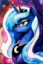 Size: 2048x3072 | Tagged: safe, derpibooru import, generator:novelai, generator:stable diffusion, machine learning generated, princess luna, alicorn, pony, abstract background, bust, female, high res, horn, jewelry, mare, portrait, prompt in description, regalia, smiling, solo, tiara