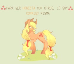 Size: 2048x1781 | Tagged: safe, artist:sadgirl_jvnko, derpibooru import, applejack, earth pony, pony, female, green background, mare, simple background, solo, spanish, text