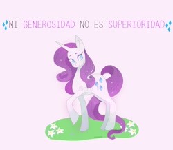 Size: 2048x1781 | Tagged: safe, artist:sadgirl_jvnko, derpibooru import, rarity, pony, unicorn, female, mare, purple background, simple background, solo, spanish, text