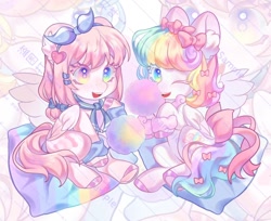 Size: 1324x1080 | Tagged: safe, artist:ywn10804439, derpibooru import, oc, oc only, pegasus, pony, cotton candy, duo, female, heterochromia, pegasus oc