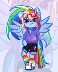 Size: 1056x1322 | Tagged: safe, artist:ywn10804439, derpibooru import, rainbow dash, anthro, pegasus, pony, unguligrade anthro, clothes, female, hoodie, shorts, solo, zoom layer