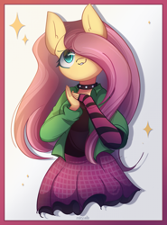 Size: 1700x2300 | Tagged: safe, artist:miryelis, derpibooru import, anthro, abstract background, choker, clothes, cute, draw this in your style, dtiys, dtiys emoflat, female, gloves, grin, hand, jacket, long hair, mare, one eye closed, signature, skirt, smiling, solo, sparkles, spiked choker