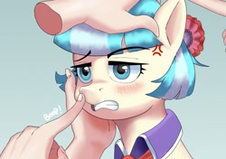 Size: 1737x1224 | Tagged: safe, artist:vinilyart, derpibooru import, coco pommel, earth pony, pony, angry, blushing, boop, disembodied hand, female, hand, light blue background, mare, petting, simple background