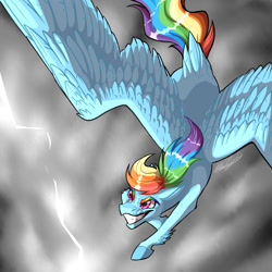 Size: 2000x2000 | Tagged: safe, artist:duskyjaguar36, derpibooru import, rainbow dash, pegasus, pony, eyebrows, female, grin, high res, lightning, mare, smiling, solo, spread wings, wings