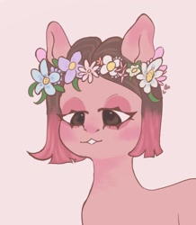 Size: 1377x1578 | Tagged: safe, artist:sleepybooo, derpibooru import, oc, oc only, earth pony, pony, earth pony oc, female, floral head wreath, flower, pink background, simple background, solo