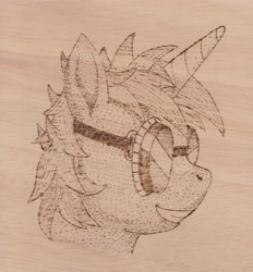 Size: 4753x5129 | Tagged: safe, alternate version, artist:malte279, derpibooru import, oc, oc:multi purpose, unicorn, craft, goggles, pyrography, traditional art