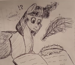 Size: 2048x1777 | Tagged: safe, artist:violetpony11, derpibooru import, twilight sparkle, twilight sparkle (alicorn), alicorn, pony, implied sunset shimmer, monochrome, sketch, sunset's journal, traditional art