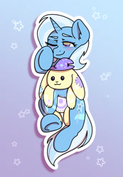 Size: 1165x1684 | Tagged: safe, artist:koa, derpibooru import, trixie, pony, rabbit, unicorn, animal, blushing, eyebrows, female, gradient background, lying down, mare, on back, one eye closed, plushie, sleepy, smiling, solo, stars, watermark