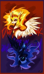 Size: 2458x4096 | Tagged: safe, artist:7pspoints, derpibooru import, daybreaker, nightmare moon, alicorn, pony, duo, female