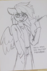 Size: 278x418 | Tagged: safe, artist:koa, derpibooru import, rainbow dash, anthro, pegasus, fanfic:rainbow factory, clothes, fanfic art, lab coat, looking at you, sketch, spread wings, syringe, traditional art, wings