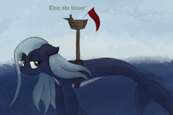 Size: 2250x1500 | Tagged: safe, artist:ahorseofcourse, derpibooru import, oc, oc only, oc:anon, oc:belle luga, original species, whale, whale pony, annoyed, crow's nest