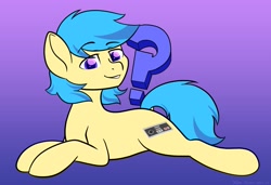 Size: 1619x1108 | Tagged: safe, artist:koa, derpibooru import, oc, oc only, earth pony, pony, controller, eyebrows, eyebrows visible through hair, gradient background, looking at you, question mark, smiling, solo