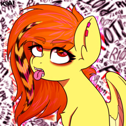 Size: 1500x1500 | Tagged: safe, alternate version, artist:koa, derpibooru import, oc, oc only, pegasus, pony, bleh, cum, ear piercing, eyebrows, eyebrows visible through hair, eyes, eyes rolling back, open mouth, paramore, piercing, scene hair, scene kid, tongue, tongue out