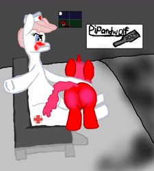 Size: 1528x1696 | Tagged: safe, artist:pipandwolf, derpibooru import, nurse redheart, oc, alicorn, earth pony, alicorn oc, butt, horn, plot, spanking, traditional art, wings