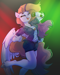 Size: 2280x2856 | Tagged: safe, artist:witchtaunter, derpibooru import, oc, oc only, oc:spearmint dash, anthro, pegasus, unguligrade anthro, clothes, eyes closed, female, mare, microphone, open mouth, open smile, performance, singing, smiling, solo