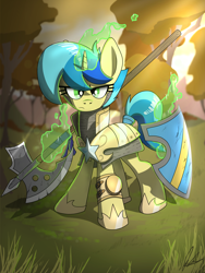 Size: 3000x4000 | Tagged: safe, artist:flaremoon, derpibooru import, oc, oc:mercury haze, pony, unicorn, armor, female, forest, guardsmare, halberd, levitation, looking at you, magic, mare, royal guard, shield, telekinesis, weapon