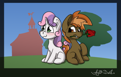 Size: 1395x885 | Tagged: safe, artist:agent-diego, derpibooru import, button mash, sweetie belle, earth pony, unicorn, blushing, colt, female, filly, flower, foal, male, ponyville schoolhouse, rose, shipping, straight, sweetiemash