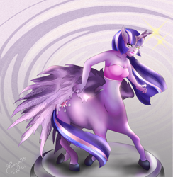 Size: 4000x4093 | Tagged: safe, artist:vanya93, derpibooru import, twilight sparkle, twilight sparkle (alicorn), alicorn, centaur, absurd resolution, bandeau, belly button, blurry background, breasts, centaur twilight, centaurified, centaurworld, cleavage, clothes, crossover, digital painting, female, glowing, glowing horn, headlight sparkle, horn, no more ponies at source, reasonably sized breasts, solo, species swap