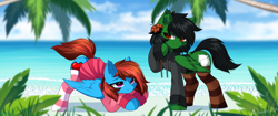 Size: 2560x1080 | Tagged: safe, artist:airiniblock, derpibooru import, oc, oc only, oc:kendall wilson, oc:lucid heart, pegasus, pony, beach, clothes, commission, duo, ear fluff, ears, female, love, male, mare, ocean, pegasus oc, rcf community, socks, tree, water, wingding eyes, wings