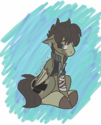 Size: 768x949 | Tagged: safe, artist:punk-blades, derpibooru import, oc, oc only, oc:cassio, pegasus, pony, abstract background, bandage, jewelry, male, necklace, sitting, solo, stallion