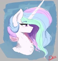 Size: 1361x1417 | Tagged: safe, artist:thelunarmoon, derpibooru import, princess celestia, alicorn, pony, blushing, bust, chest fluff, eyebrows, eyebrows visible through hair, female, lidded eyes, mare, profile, solo