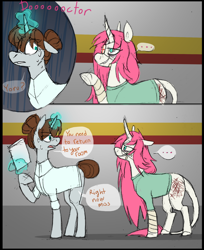 Size: 1188x1453 | Tagged: safe, artist:thevixvix, derpibooru import, oc, oc only, oc:lotus, oc:yoru, pony, unicorn, comic, duo, eyepatch, female, levitation, looking at each other, looking at someone, magic, mare, telekinesis