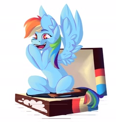 Size: 2066x2172 | Tagged: safe, artist:bloshha, derpibooru import, rainbow dash, pegasus, pony, female, mare, open mouth, simple background, sitting, solo, white background