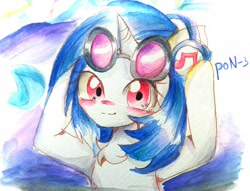 Size: 2160x1647 | Tagged: safe, artist:applejack_yokai, derpibooru import, dj pon-3, vinyl scratch, pony, unicorn, blushing, female, glasses, headphones, looking at you, mare, solo