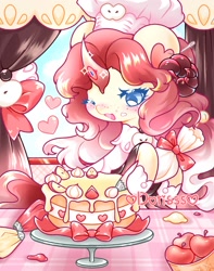 Size: 1575x2000 | Tagged: safe, artist:pinkdorisss, derpibooru import, pony, unicorn, baking, cake, female, food, mare, one eye closed, solo