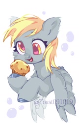 Size: 925x1440 | Tagged: safe, artist:toast091019, derpibooru import, derpy hooves, pegasus, pony, female, food, heart, heart eyes, mare, muffin, open mouth, open smile, simple background, smiling, solo, spread wings, white background, wingding eyes, wings