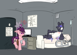 Size: 3500x2500 | Tagged: safe, artist:captainhoers, artist:stormwing, derpibooru import, oc, oc only, oc:lavender bloom (nighthaze), oc:tulip, bat pony, breezie, changeling, bed, computer, hospital bed, hospital gown, injured, laptop computer, nighthaze, panorama