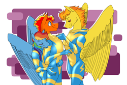 Size: 4124x2755 | Tagged: safe, artist:parrpitched, derpibooru import, rainbow dash, spitfire, oc, oc:fireheart(fire), anthro, pegasus, pony, clothes, gloves, latex, latex boots, latex gloves, latex suit, rubber, rubber suit, uniform, wonderbolts, wonderbolts uniform