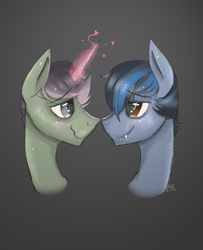 Size: 800x987 | Tagged: safe, artist:thevixvix, derpibooru import, oc, oc only, unicorn, bust, duo, gay, looking at each other, looking at someone, male, shipping, simple background