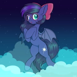 Size: 1700x1700 | Tagged: safe, alternate version, artist:koa, derpibooru import, oc, oc only, bat pony, pony, bow, cloud, eyebrows, eyebrows visible through hair, freckles, glasses, hair bow, heterochromia, looking at you, night, night sky, open mouth, sky, solo, spread wings, stars, wings